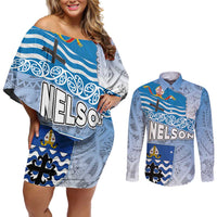 New Zealand Nelson Couples Matching Off Shoulder Short Dress and Long Sleeve Button Shirt Nelson's Flag and Seal - Maori Art Tattoo LT03 White - Polynesian Pride