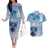 New Zealand Nelson Couples Matching Off The Shoulder Long Sleeve Dress and Hawaiian Shirt Nelson's Flag and Seal - Maori Art Tattoo LT03 White - Polynesian Pride