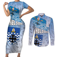 New Zealand Nelson Couples Matching Short Sleeve Bodycon Dress and Long Sleeve Button Shirt Nelson's Flag and Seal - Maori Art Tattoo LT03 White - Polynesian Pride