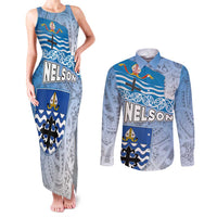 New Zealand Nelson Couples Matching Tank Maxi Dress and Long Sleeve Button Shirt Nelson's Flag and Seal - Maori Art Tattoo LT03 White - Polynesian Pride