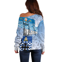 New Zealand Nelson Off Shoulder Sweater Nelson's Flag and Seal - Maori Art Tattoo LT03 - Polynesian Pride