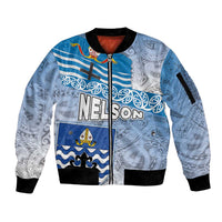 New Zealand Nelson Sleeve Zip Bomber Jacket Nelson's Flag and Seal - Maori Art Tattoo LT03 Unisex White - Polynesian Pride