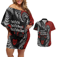 Aotearoa Toitu Te Tiriti Couples Matching Off Shoulder Short Dress and Hawaiian Shirt New Zealand Honour the Treaty - Te Tiriti Is Us LT03 Red - Polynesian Pride