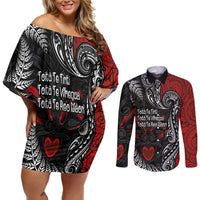 Aotearoa Toitu Te Tiriti Couples Matching Off Shoulder Short Dress and Long Sleeve Button Shirt New Zealand Honour the Treaty - Te Tiriti Is Us LT03 Red - Polynesian Pride