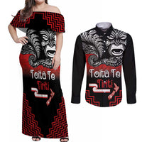 Aotearoa Toitu Te Tiriti Couples Matching Off Shoulder Maxi Dress and Long Sleeve Button Shirt New Zealand Honour the Treaty - Fight Together LT03 Red - Polynesian Pride