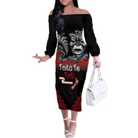 Aotearoa Toitu Te Tiriti Off The Shoulder Long Sleeve Dress New Zealand Honour the Treaty - Fight Together LT03 Women Red - Polynesian Pride