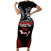 Aotearoa Toitu Te Tiriti Short Sleeve Bodycon Dress New Zealand Honour the Treaty - Fight Together LT03 Long Dress Red - Polynesian Pride
