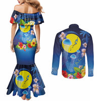 Palau Jellyfish Couples Matching Mermaid Dress and Long Sleeve Button Shirt Ocean Heritage Tropical Plants LT03 - Polynesian Pride