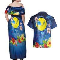Palau Jellyfish Couples Matching Off Shoulder Maxi Dress and Hawaiian Shirt Ocean Heritage Tropical Plants LT03 - Polynesian Pride