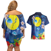 Palau Jellyfish Couples Matching Off Shoulder Short Dress and Hawaiian Shirt Ocean Heritage Tropical Plants LT03 - Polynesian Pride