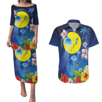 Palau Jellyfish Couples Matching Puletasi and Hawaiian Shirt Ocean Heritage Tropical Plants LT03 Blue - Polynesian Pride