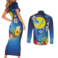 Palau Jellyfish Couples Matching Short Sleeve Bodycon Dress and Long Sleeve Button Shirt Ocean Heritage Tropical Plants LT03 - Polynesian Pride