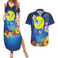 Palau Jellyfish Couples Matching Summer Maxi Dress and Hawaiian Shirt Ocean Heritage Tropical Plants LT03 Blue - Polynesian Pride