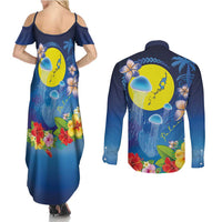 Palau Jellyfish Couples Matching Summer Maxi Dress and Long Sleeve Button Shirt Ocean Heritage Tropical Plants LT03 - Polynesian Pride
