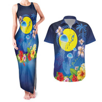 Palau Jellyfish Couples Matching Tank Maxi Dress and Hawaiian Shirt Ocean Heritage Tropical Plants LT03 Blue - Polynesian Pride