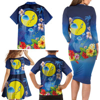 Palau Jellyfish Family Matching Long Sleeve Bodycon Dress and Hawaiian Shirt Ocean Heritage Tropical Plants LT03 - Polynesian Pride