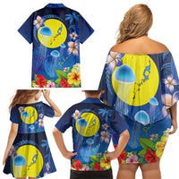 Palau Jellyfish Family Matching Off Shoulder Short Dress and Hawaiian Shirt Ocean Heritage Tropical Plants LT03 - Polynesian Pride