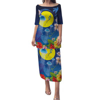 Palau Jellyfish Family Matching Puletasi and Hawaiian Shirt Ocean Heritage Tropical Plants LT03 Mom's Dress Blue - Polynesian Pride