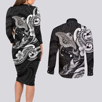 Hawaiian Manta Rays Couples Matching Long Sleeve Bodycon Dress and Long Sleeve Button Shirt Tribal Hibiscus Polynesian Tattoos Black Color LT03 - Polynesian Pride