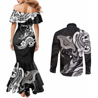 Hawaiian Manta Rays Couples Matching Mermaid Dress and Long Sleeve Button Shirt Tribal Hibiscus Polynesian Tattoos Black Color LT03 - Polynesian Pride