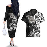 Hawaiian Manta Rays Couples Matching Off The Shoulder Long Sleeve Dress and Hawaiian Shirt Tribal Hibiscus Polynesian Tattoos Black Color LT03 - Polynesian Pride