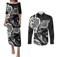 Hawaiian Manta Rays Couples Matching Puletasi and Long Sleeve Button Shirt Tribal Hibiscus Polynesian Tattoos Black Color LT03 Black - Polynesian Pride