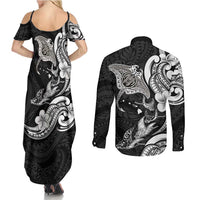 Hawaiian Manta Rays Couples Matching Summer Maxi Dress and Long Sleeve Button Shirt Tribal Hibiscus Polynesian Tattoos Black Color LT03 - Polynesian Pride