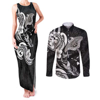 Hawaiian Manta Rays Couples Matching Tank Maxi Dress and Long Sleeve Button Shirt Tribal Hibiscus Polynesian Tattoos Black Color LT03 Black - Polynesian Pride