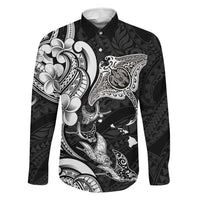 Hawaiian Manta Rays Family Matching Off Shoulder Short Dress and Hawaiian Shirt Tribal Hibiscus Polynesian Tattoos Black Color LT03 Dad's Shirt - Long Sleeve Black - Polynesian Pride