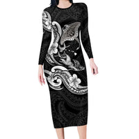 Hawaiian Manta Rays Long Sleeve Bodycon Dress Tribal Hibiscus Polynesian Tattoos Black Color LT03 Long Dress Black - Polynesian Pride