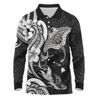 Hawaiian Manta Rays Long Sleeve Polo Shirt Tribal Hibiscus Polynesian Tattoos Black Color LT03 Black - Polynesian Pride