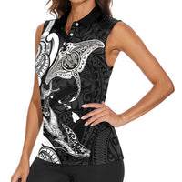 Hawaiian Manta Rays Women Sleeveless Polo Shirt Tribal Hibiscus Polynesian Tattoos Black Color LT03 - Polynesian Pride