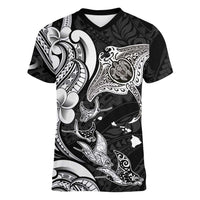 Hawaiian Manta Rays Women V-Neck T-Shirt Tribal Hibiscus Polynesian Tattoos Black Color LT03 Female Black - Polynesian Pride