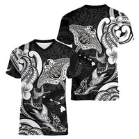 Hawaiian Manta Rays Women V-Neck T-Shirt Tribal Hibiscus Polynesian Tattoos Black Color LT03 - Polynesian Pride