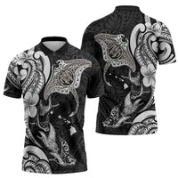 Hawaiian Manta Rays Zipper Polo Shirt Tribal Hibiscus Polynesian Tattoos Black Color LT03 - Polynesian Pride