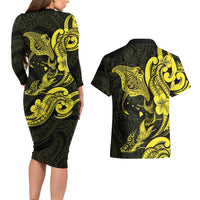 Hawaiian Manta Rays Couples Matching Long Sleeve Bodycon Dress and Hawaiian Shirt Tribal Hibiscus Polynesian Tattoos Yellow Color LT03 - Polynesian Pride