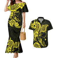 Hawaiian Manta Rays Couples Matching Mermaid Dress and Hawaiian Shirt Tribal Hibiscus Polynesian Tattoos Yellow Color LT03 Yellow - Polynesian Pride