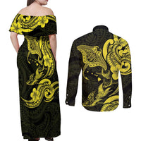 Hawaiian Manta Rays Couples Matching Off Shoulder Maxi Dress and Long Sleeve Button Shirt Tribal Hibiscus Polynesian Tattoos Yellow Color LT03 - Polynesian Pride