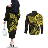 Hawaiian Manta Rays Couples Matching Off The Shoulder Long Sleeve Dress and Long Sleeve Button Shirt Tribal Hibiscus Polynesian Tattoos Yellow Color LT03 - Polynesian Pride