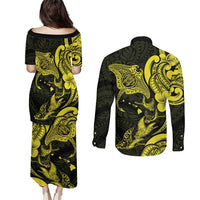 Hawaiian Manta Rays Couples Matching Puletasi and Long Sleeve Button Shirt Tribal Hibiscus Polynesian Tattoos Yellow Color LT03 - Polynesian Pride