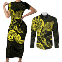 Hawaiian Manta Rays Couples Matching Short Sleeve Bodycon Dress and Long Sleeve Button Shirt Tribal Hibiscus Polynesian Tattoos Yellow Color LT03 Yellow - Polynesian Pride