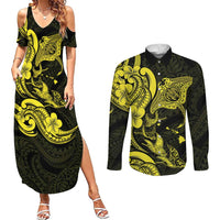 Hawaiian Manta Rays Couples Matching Summer Maxi Dress and Long Sleeve Button Shirt Tribal Hibiscus Polynesian Tattoos Yellow Color LT03 Yellow - Polynesian Pride
