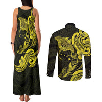 Hawaiian Manta Rays Couples Matching Tank Maxi Dress and Long Sleeve Button Shirt Tribal Hibiscus Polynesian Tattoos Yellow Color LT03 - Polynesian Pride