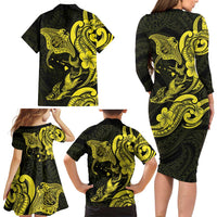 Hawaiian Manta Rays Family Matching Long Sleeve Bodycon Dress and Hawaiian Shirt Tribal Hibiscus Polynesian Tattoos Yellow Color LT03 - Polynesian Pride