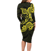Hawaiian Manta Rays Family Matching Long Sleeve Bodycon Dress and Hawaiian Shirt Tribal Hibiscus Polynesian Tattoos Yellow Color LT03 - Polynesian Pride