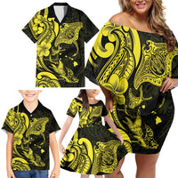 Hawaiian Manta Rays Family Matching Off Shoulder Short Dress and Hawaiian Shirt Tribal Hibiscus Polynesian Tattoos Yellow Color LT03 - Polynesian Pride