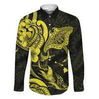 Hawaiian Manta Rays Family Matching Off Shoulder Short Dress and Hawaiian Shirt Tribal Hibiscus Polynesian Tattoos Yellow Color LT03 Dad's Shirt - Long Sleeve Yellow - Polynesian Pride