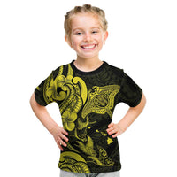 Hawaiian Manta Rays Kid T Shirt Tribal Hibiscus Polynesian Tattoos Yellow Color - Polynesian Pride
