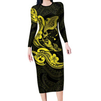 Hawaiian Manta Rays Long Sleeve Bodycon Dress Tribal Hibiscus Polynesian Tattoos Yellow Color LT03 Long Dress Yellow - Polynesian Pride
