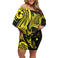 Hawaiian Manta Rays Off Shoulder Short Dress Tribal Hibiscus Polynesian Tattoos Yellow Color LT03 Women Yellow - Polynesian Pride